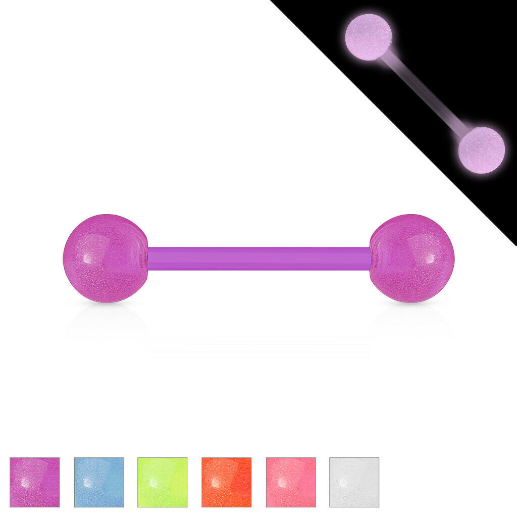 PAIR Flexible Barbell Nipple or Tongue Rings PTFE Glow In The Dark NO METAL