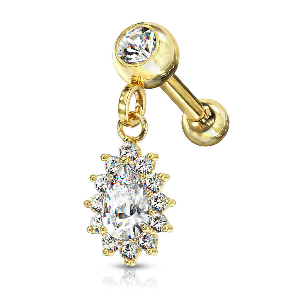 1pc CZ Gem Pear Dangle Surgical Steel Tragus Cartilage Barbell Ring 16g 1/4