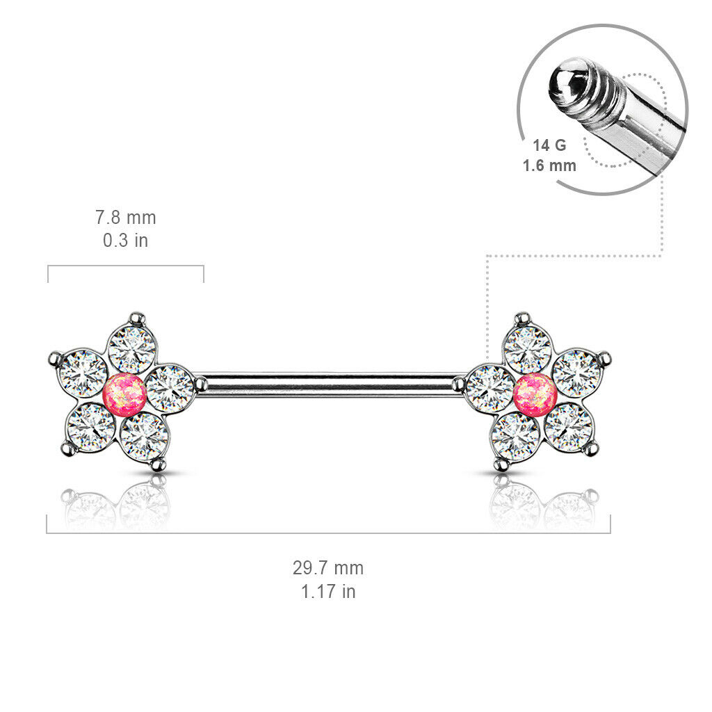 PAIR CZ Gem Flower w/ Opal Glitter Center Nipple Rings Shields Steel Barbells
