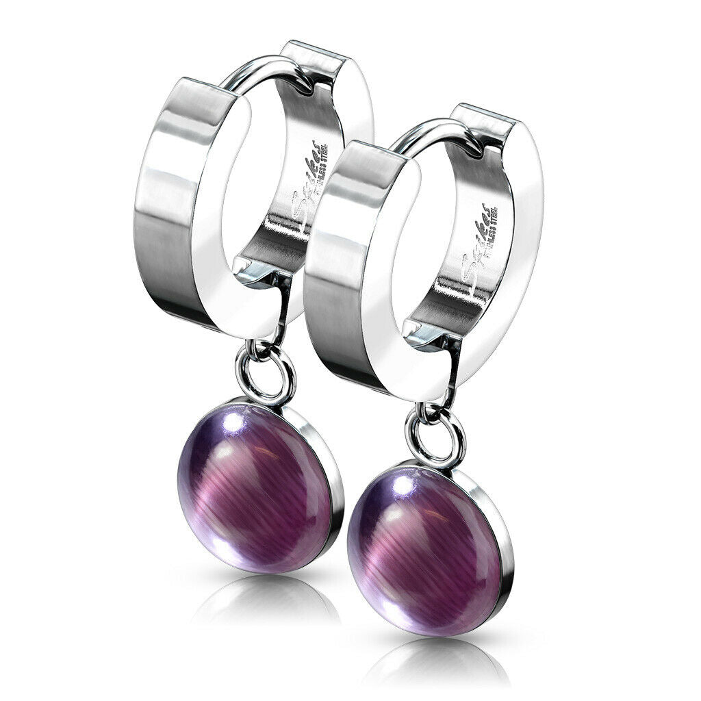 PAIR of Hinged Hoop Earrings Semi-Precious Stone Dangle 20g 316L Stainless Steel