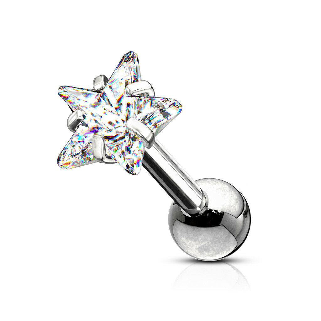1pc Star CZ Gem Ion Plated Tragus Stud Helix Cartilage Ring Earring 1/4" 16g