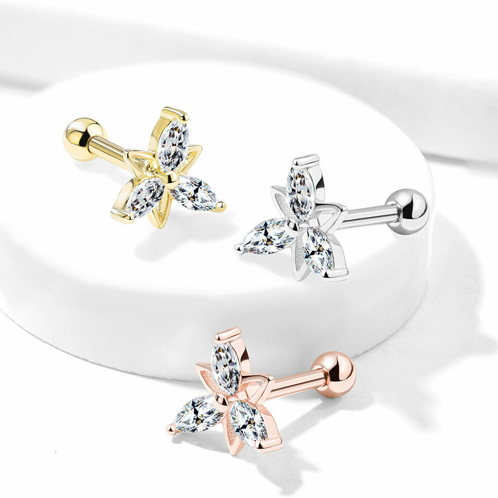 1pc Marquise Gem Double Triangle Flower Tragus Helix Cartilage Barbell Ring