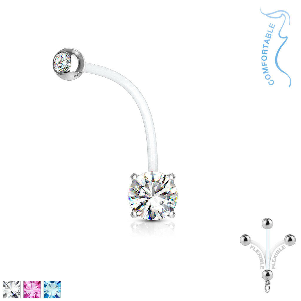 1pc Pregnancy Belly Ring CZ Gem Solitaire 1" Bio Flex Maternity Navel 14g