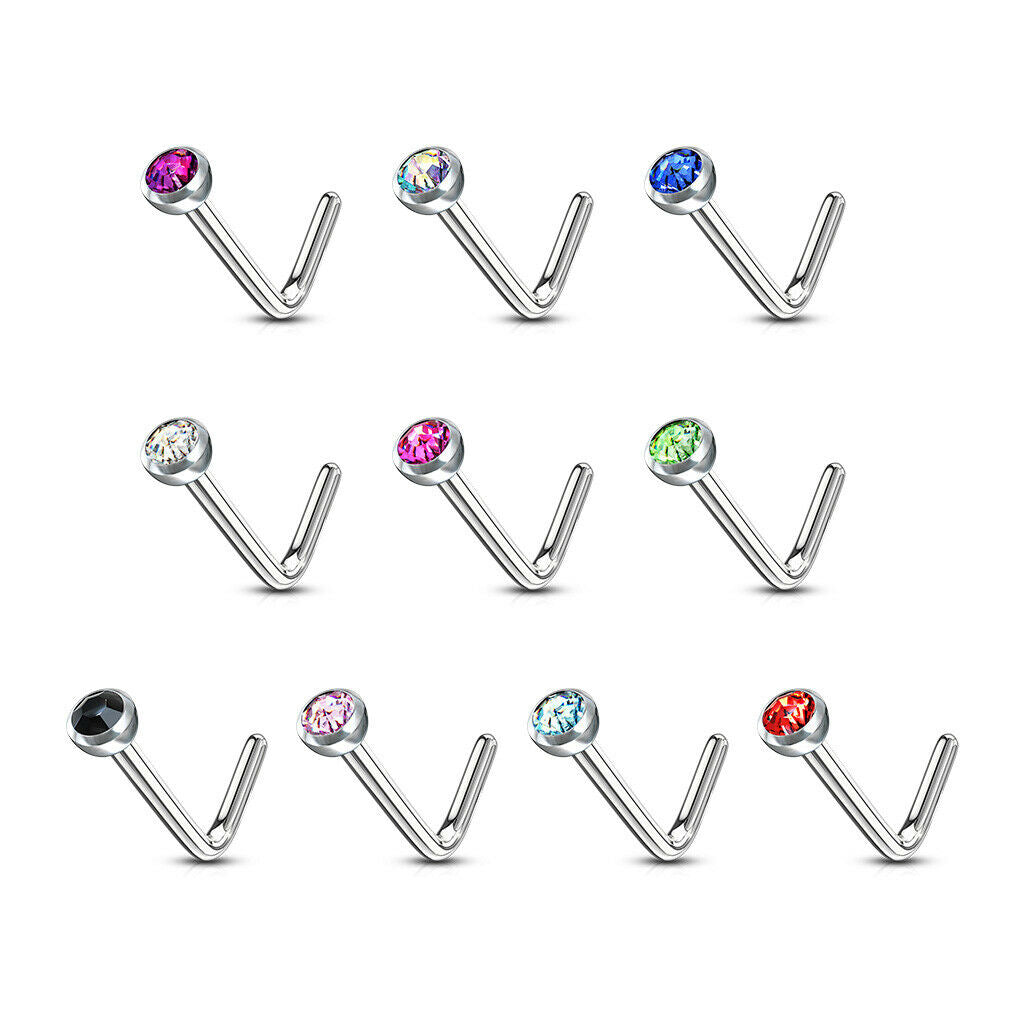 10pcs SAME-COLOR Press-Fit Gem L-Bend Nose Ring Studs Surgical Steel