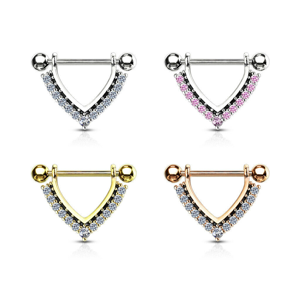 PAIR CZ Gem Paved Black Enamel Dangle Nipple Shields Rings Steel Barbells