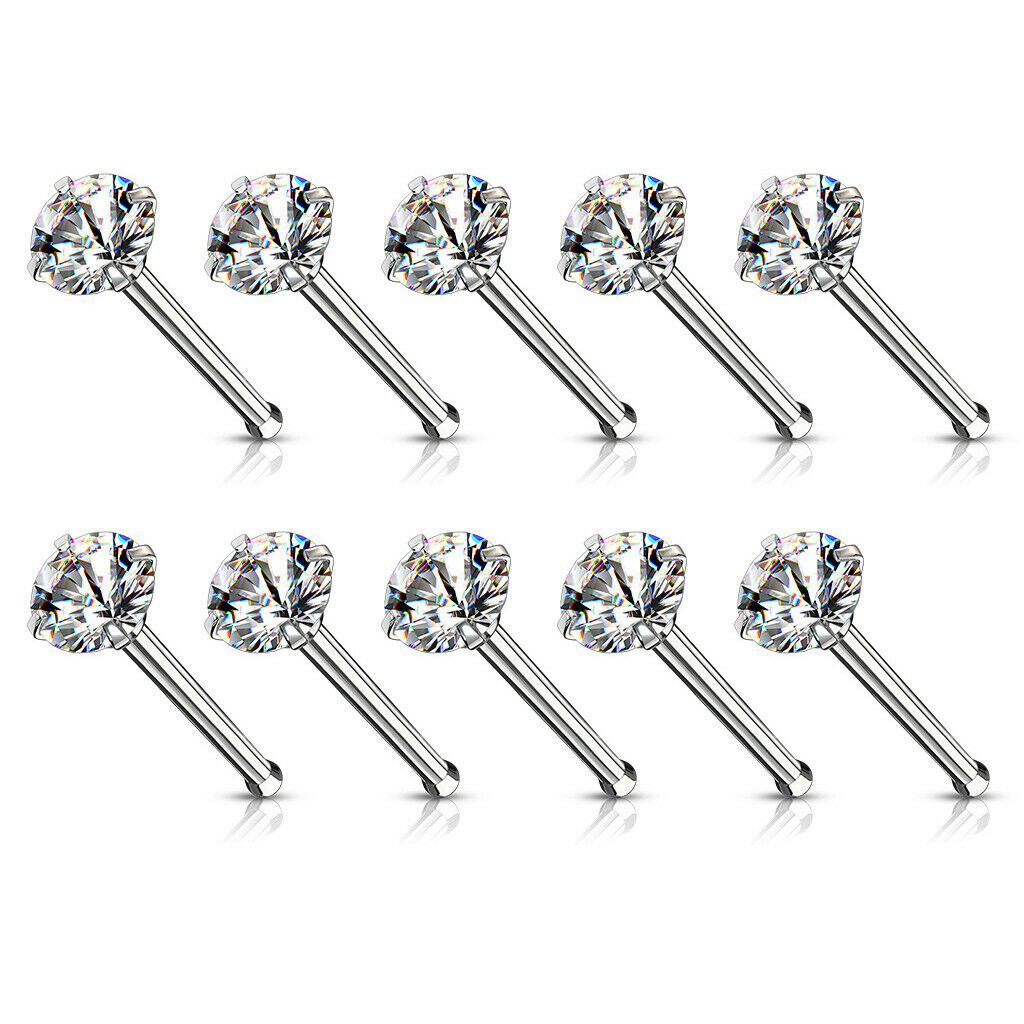10pcs Prong Set Clear Gem Nose Rings 18g 20g Studs Bones Wholesale Body Jewelry