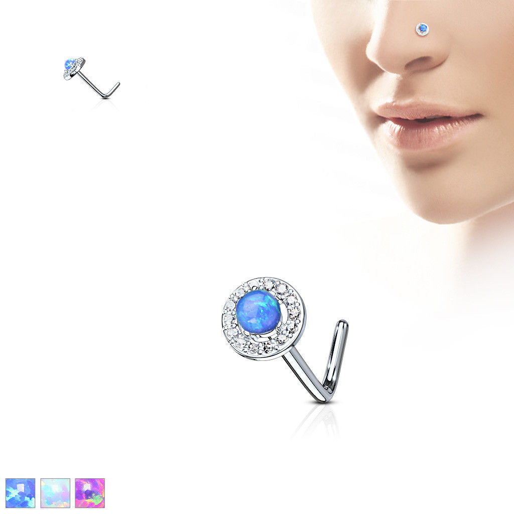 1pc CZ Gem Circle w/ Opal Dome Center L-Bend 20g Nose Ring