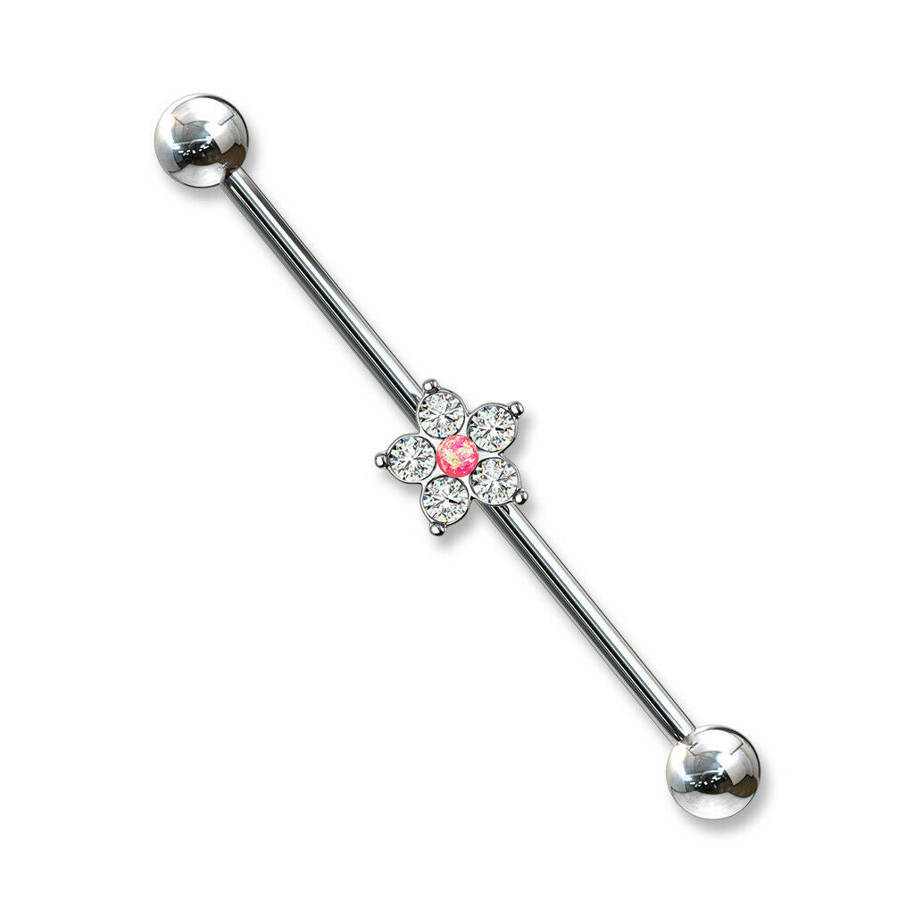 1pc Opal Glitter Centered CZ Gem Flower Industrial Barbell 14g 1.5"