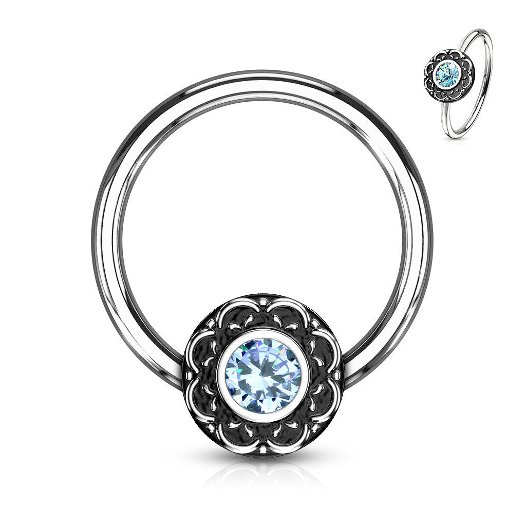 1pc Crystal Centered Filigree Surgical Steel Captive Bead Ring