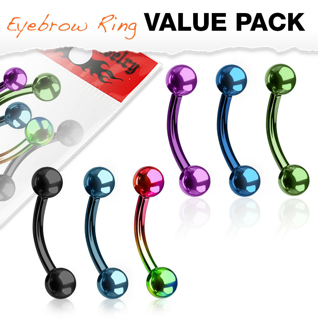 6pc Value Pack PVD over Surgical Steel Eyebrow Rings Curved Barbells