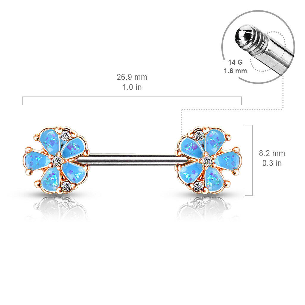PAIR Opal Glitter Flower Petals Nipple Rings Rose Gold Shields Barbells