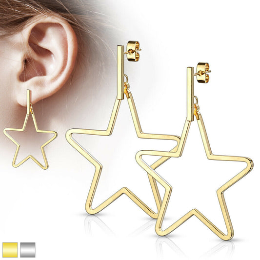 PAIR of Bar & Star Dangle 20g Earrings Studs Stainless Steel