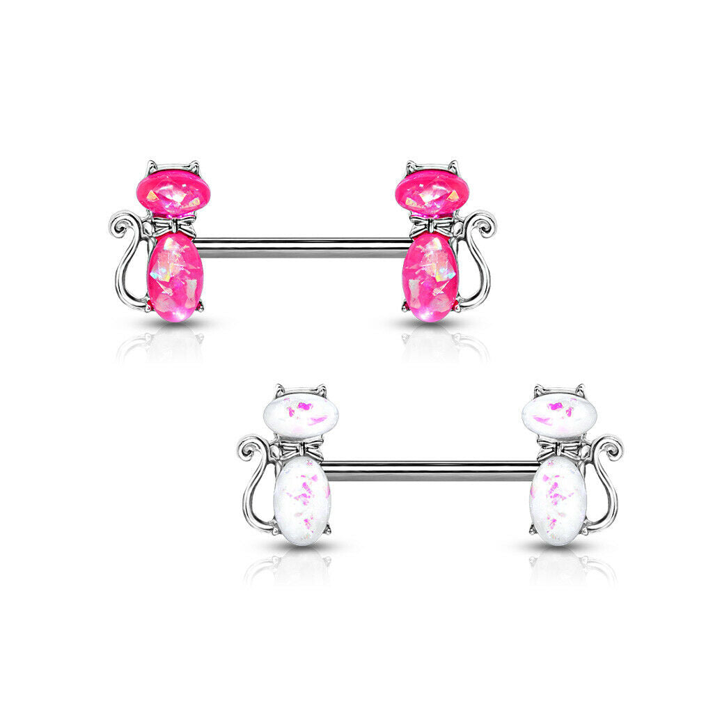 PAIR Opal Glitter Cat Nipple Rings Kitty Shields 316L Surgical Steel Barbells