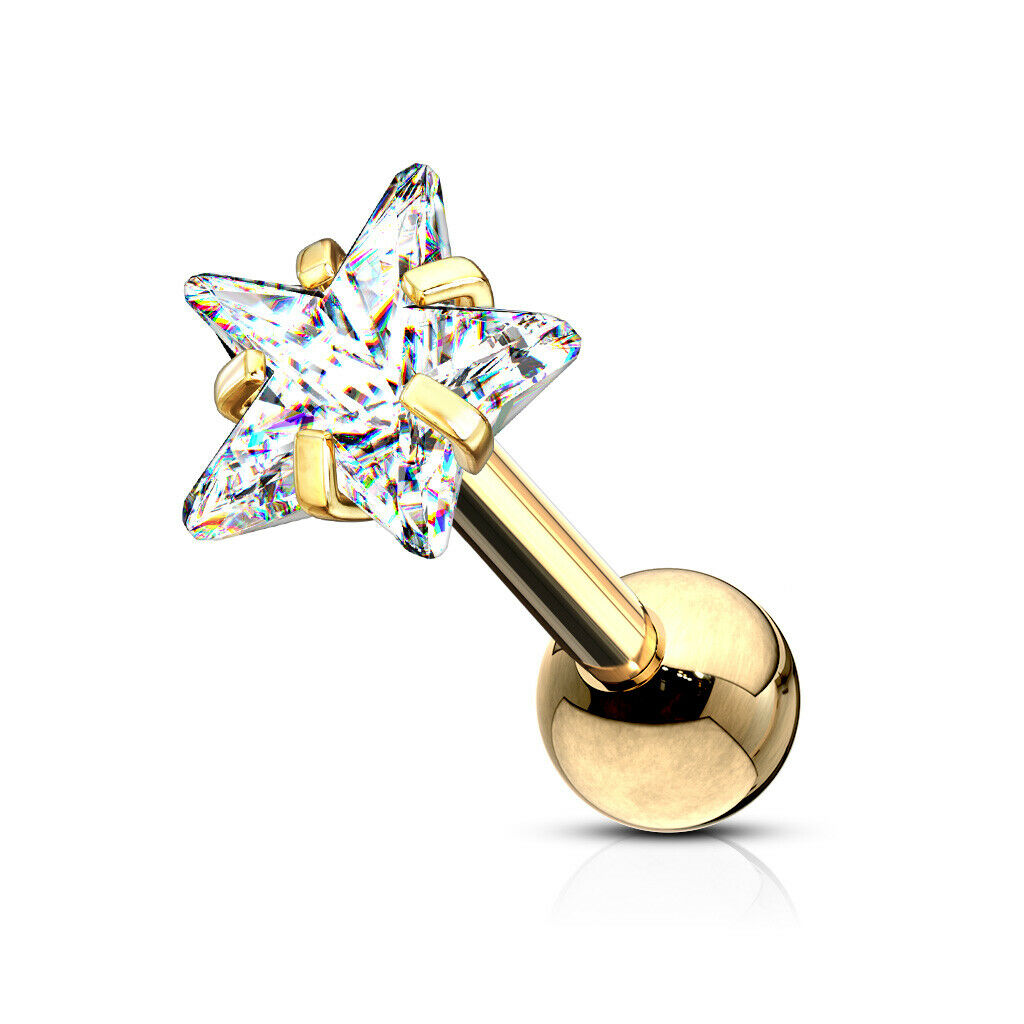 1pc Star CZ Gem Ion Plated Tragus Stud Helix Cartilage Ring Earring 1/4" 16g