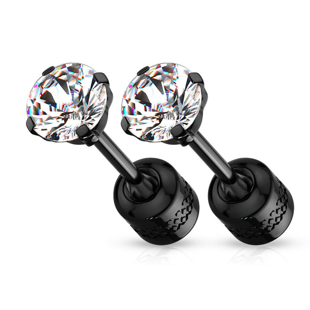 PAIR Prong Set CZ Gem Stud Black Earrings w/ Gem Centered Screw Back Steel