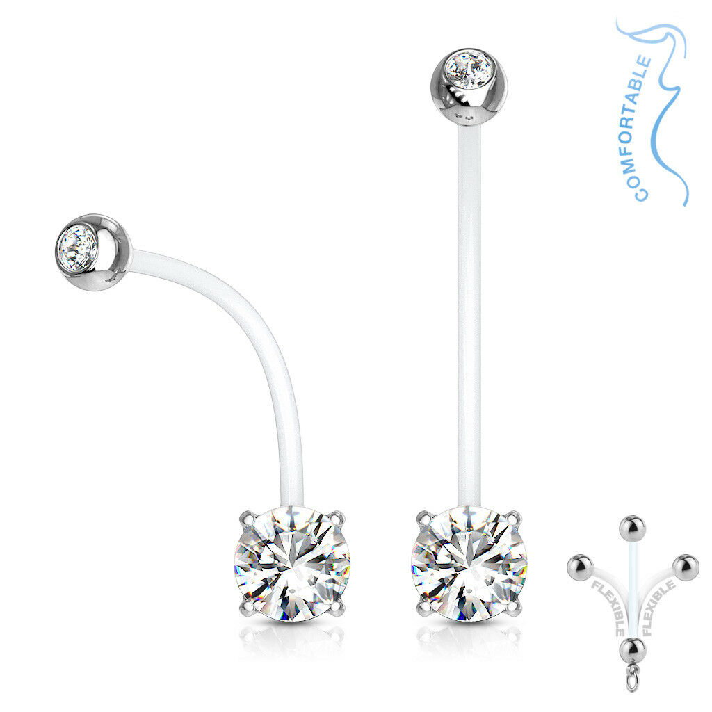 1pc Pregnancy Belly Ring CZ Gem Solitaire 1" Bio Flex Maternity Navel 14g