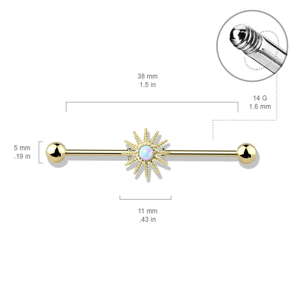 1pc Opal Center Sunburst Industrial Barbell Sun 38mm, 1.5", 1 & 1/2 inch inches