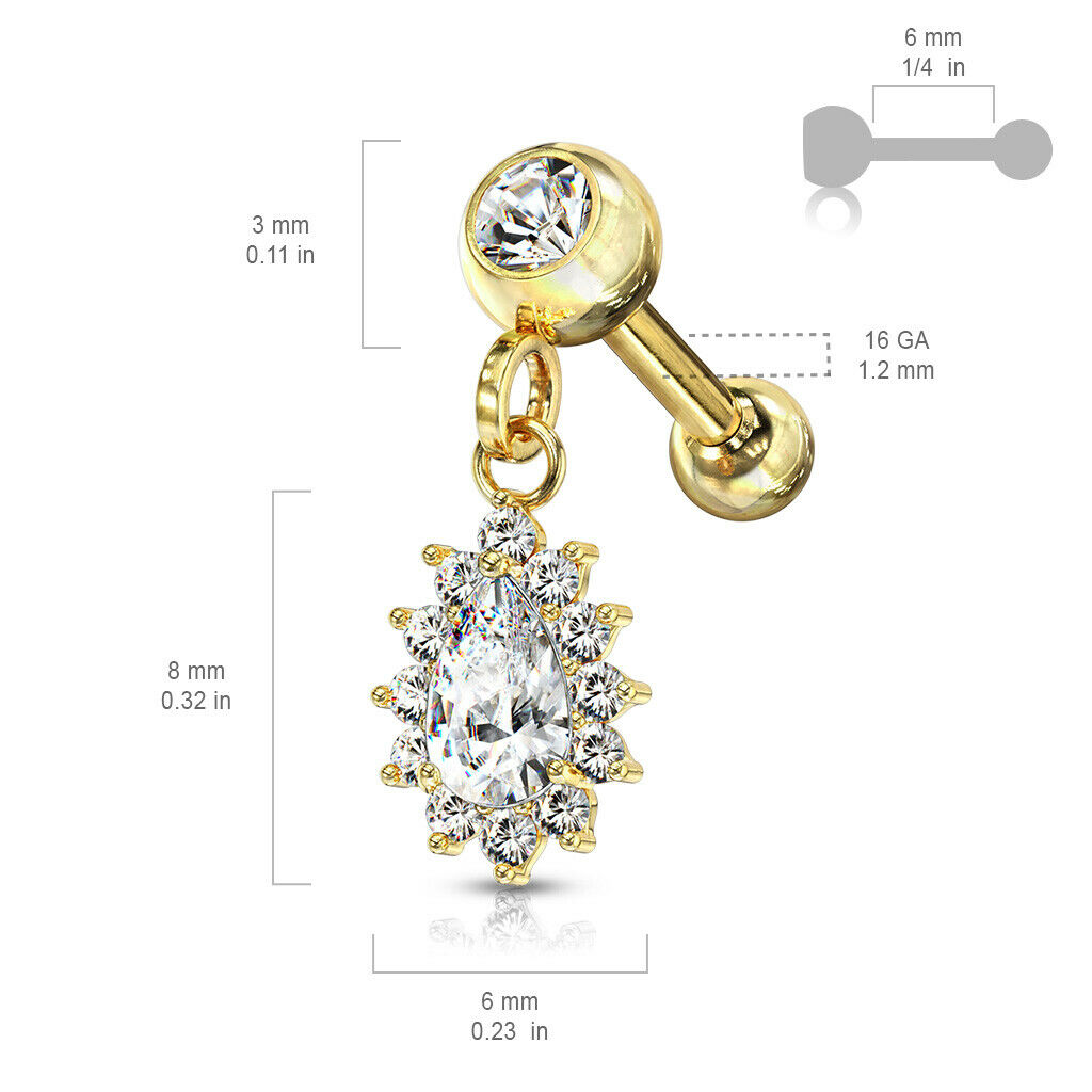 1pc CZ Gem Pear Dangle Surgical Steel Tragus Cartilage Barbell Ring 16g 1/4