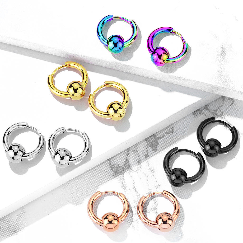 PAIR of 316L Stainless Steel Hinge Action 20g Captive Bead Ball Hoop Earrings