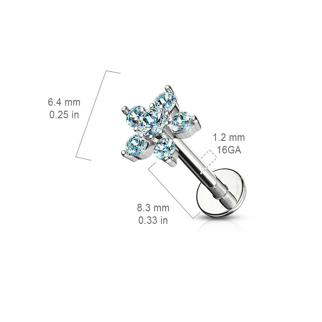 1pc Double Tier Gem Flower Labret 16g Internally Threaded Helix Tragus Cartilage