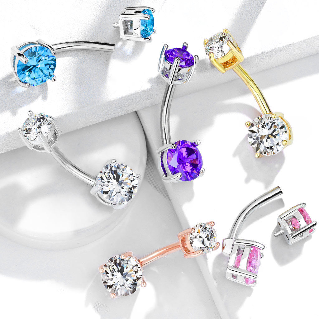 Internally Threaded Steel Prong Set CZ Gems Belly Ring Pierced Navel Naval