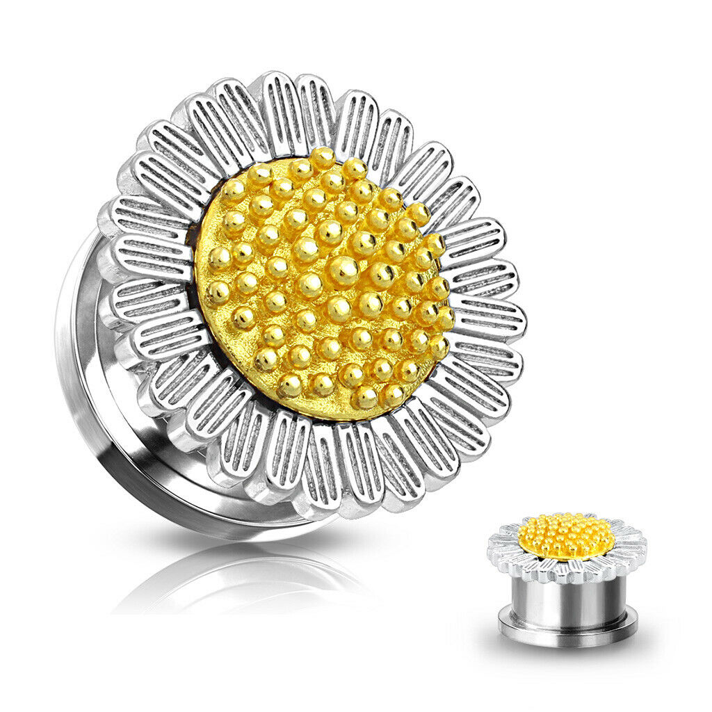 PAIR Daisy Flower Steel Screw Fit Tunnels Plugs Gauges Earlets Body Jewelry