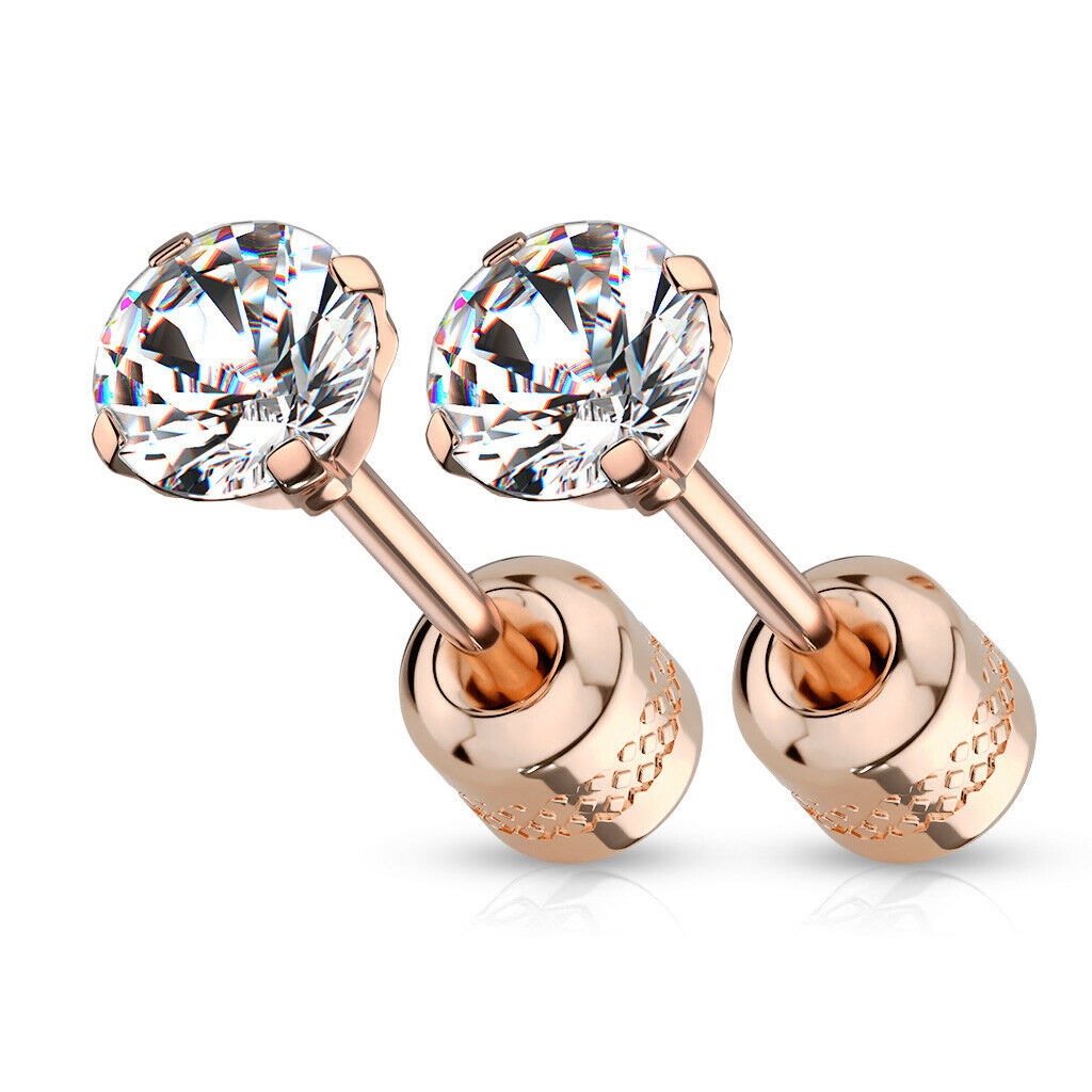 PAIR Prong Set CZ Gem Stud Rose Gold Earrings w/ Gem Centered Screw Back Steel