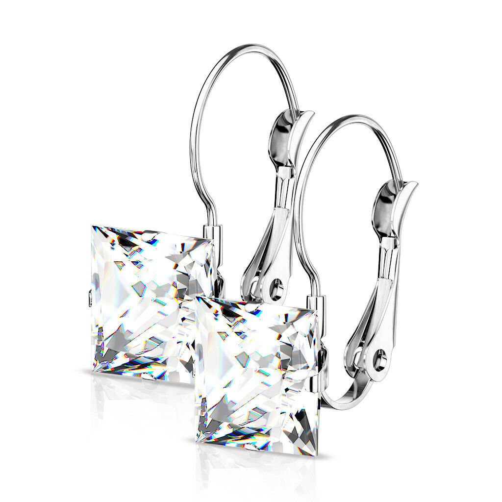PAIR of Square CZ Gem Earrings w/ Lever Back 20g 316L Stainless Steel