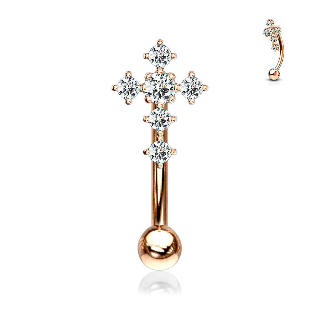 1pc CZ Gem Paved Cross Eyebrow Ring 16g Curved Barbell 16 Gauge