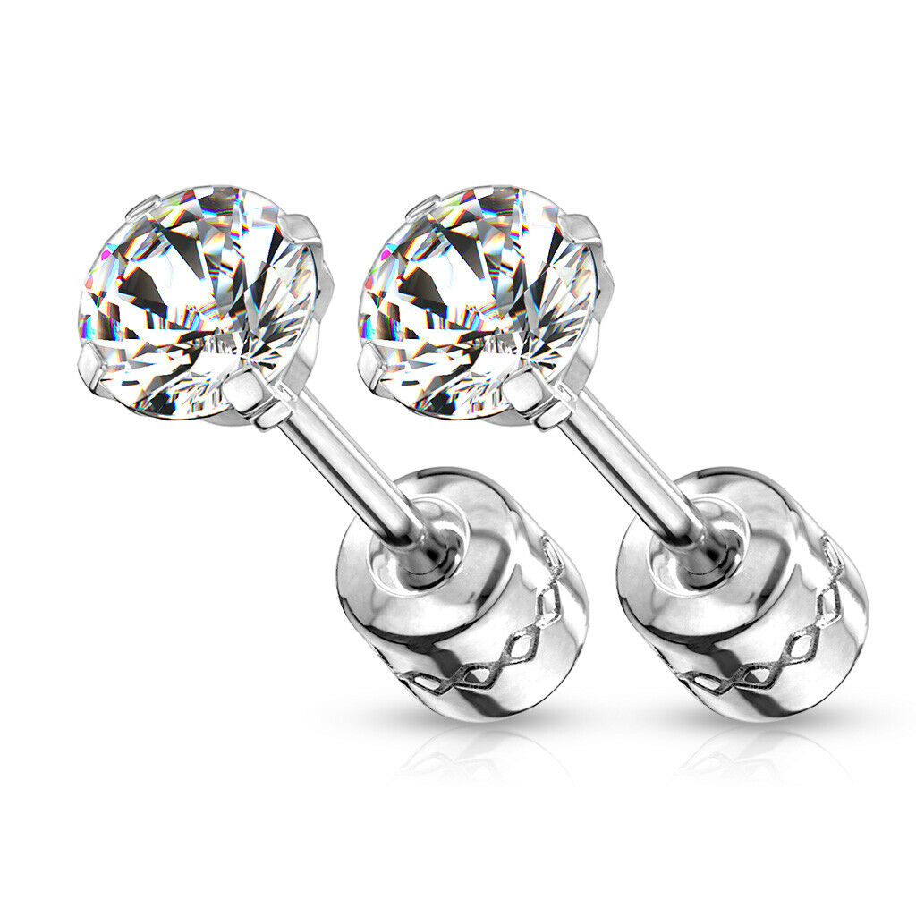 PAIR Prong Set CZ Gem Stud Earrings w/ Gem Centered Screw Back Surgical Steel