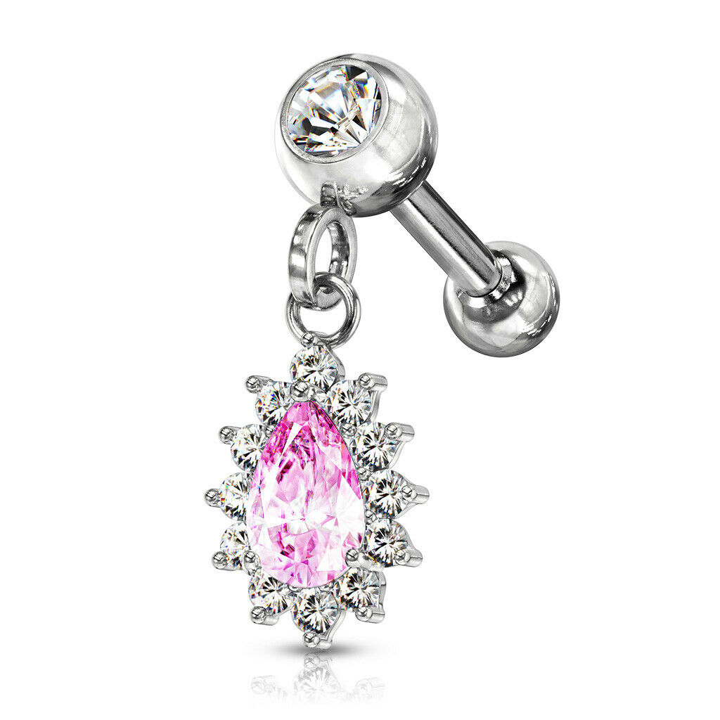 1pc CZ Gem Pear Dangle Surgical Steel Tragus Cartilage Barbell Ring 16g 1/4