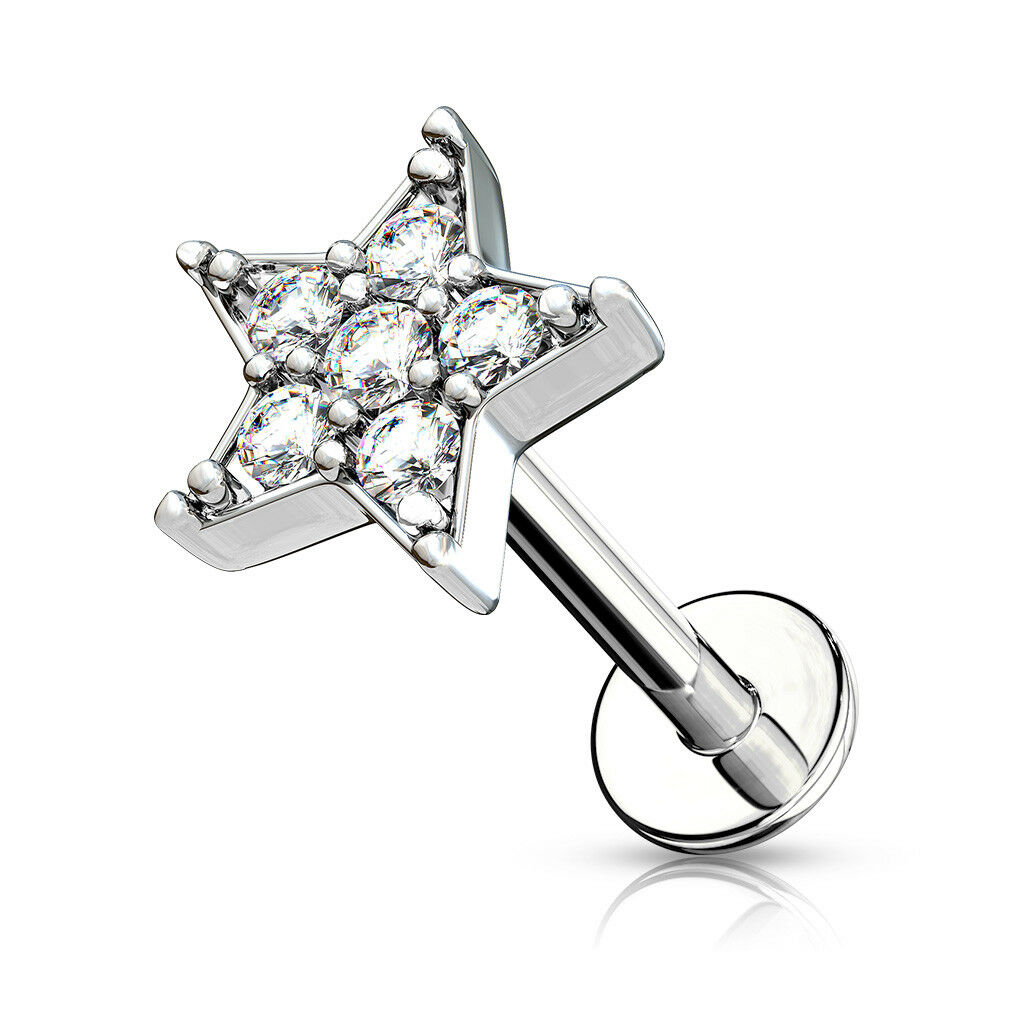 1pc CZ Paved Star 16g Labret Monroe Internally Threaded Steel Helix Tragus