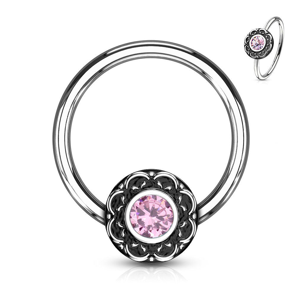 1pc Crystal Centered Filigree Surgical Steel Captive Bead Ring