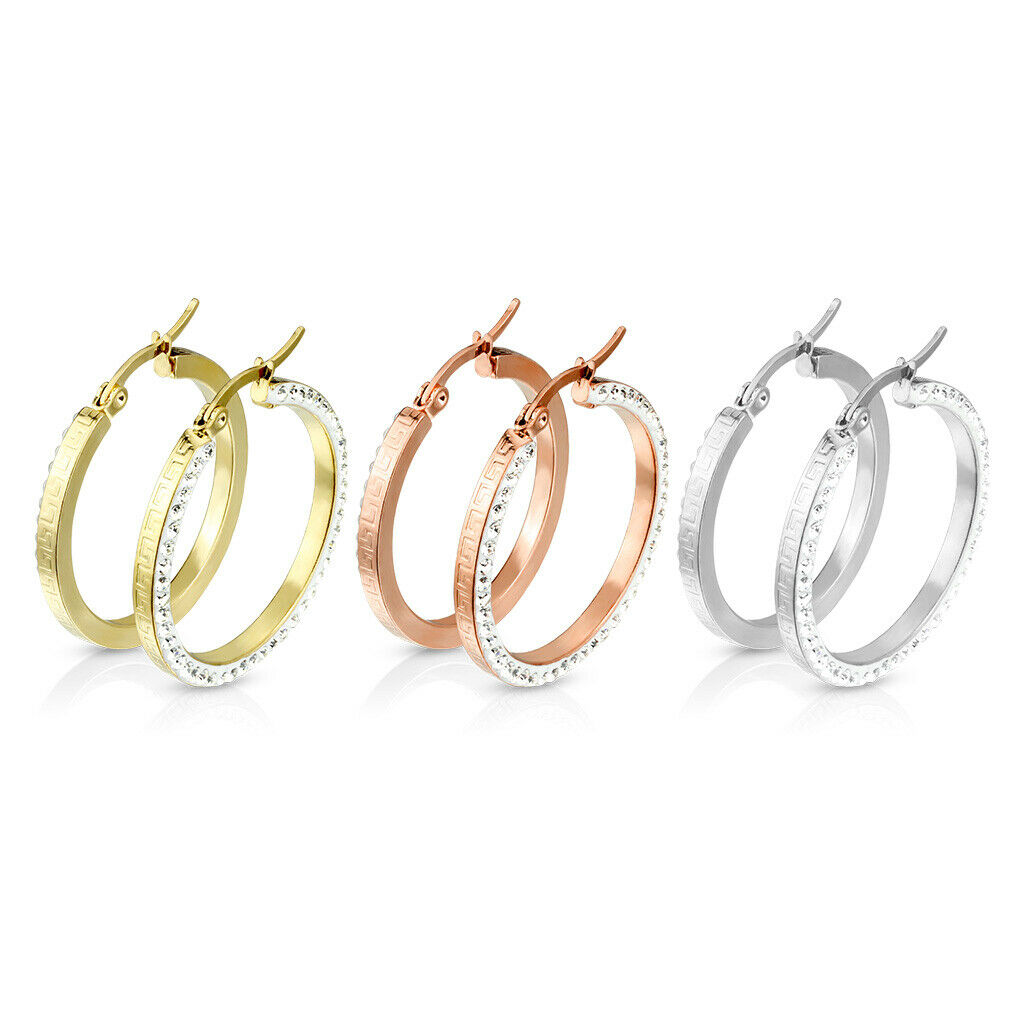 PAIR of Maze Hoop w/ Crystal Gem Paved Outer Side Earrings 20g Stainless Steel