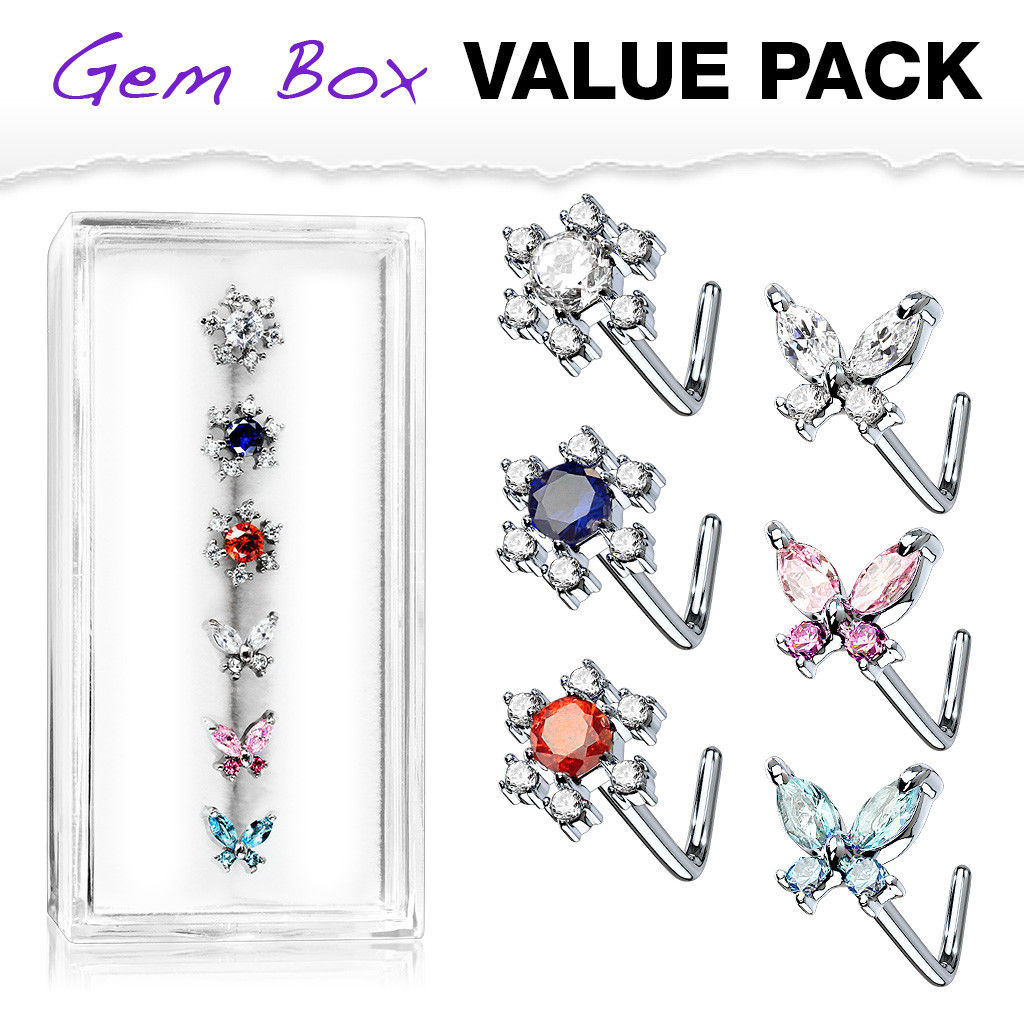 6pc Box Value Pack CZ Gem Butterfly & Flower 20g Steel L-Bend Nose Rings