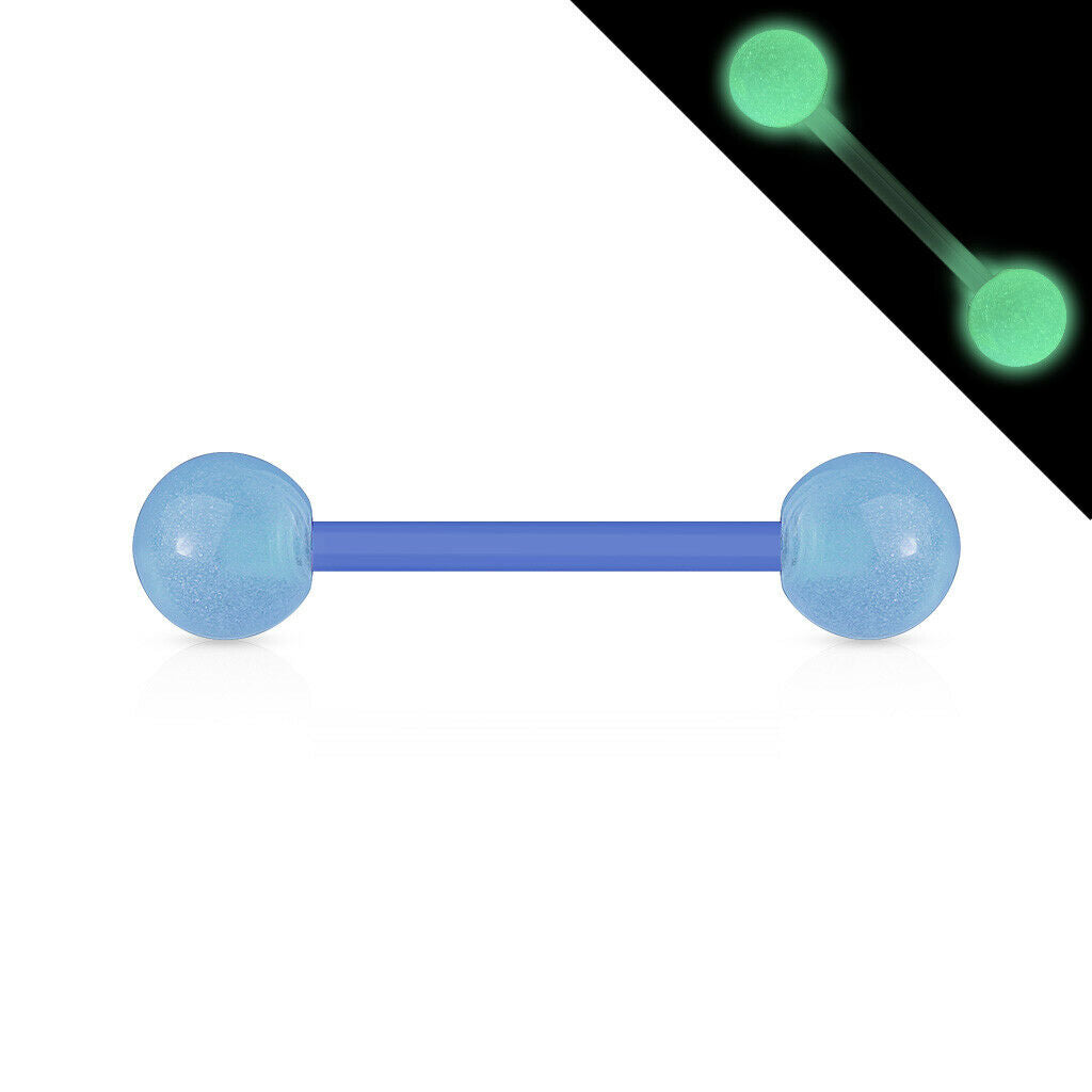 PAIR Flexible Barbell Nipple or Tongue Rings PTFE Glow In The Dark NO METAL