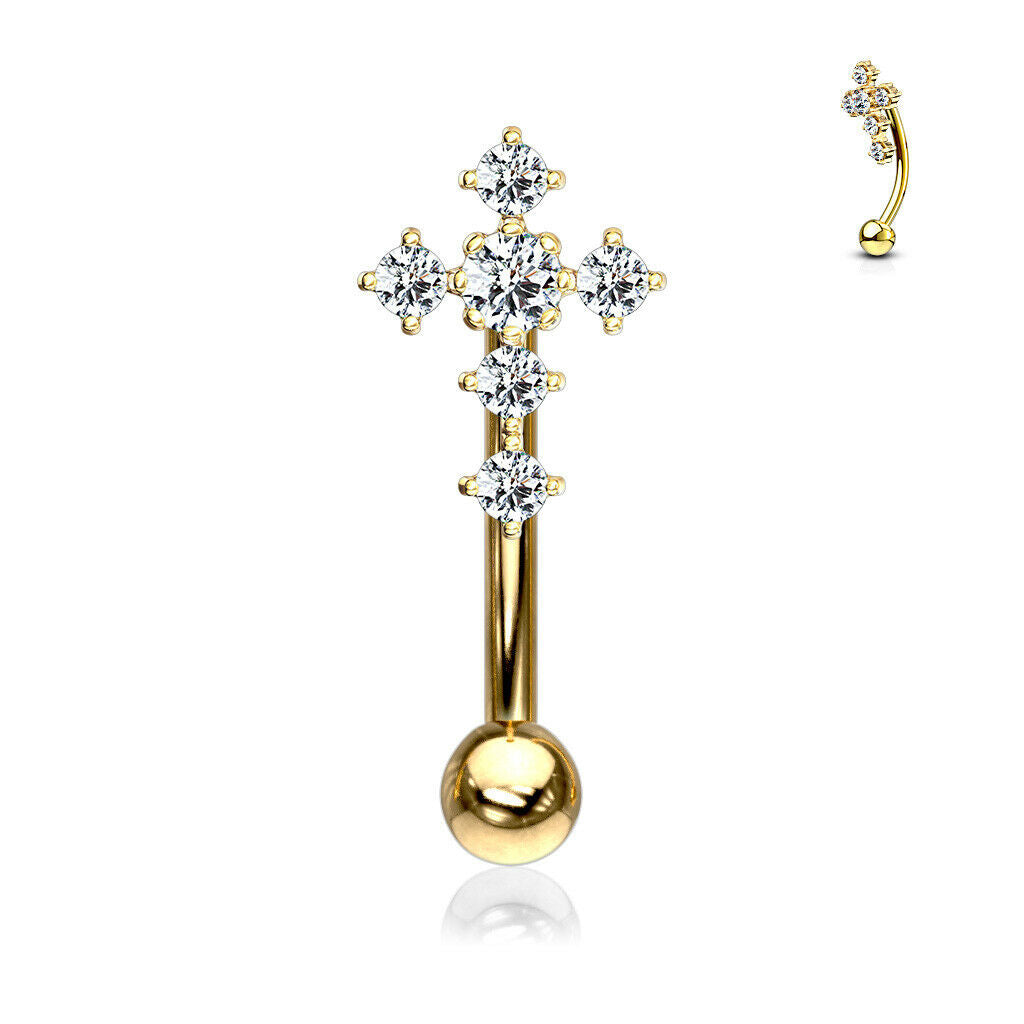 1pc CZ Gem Paved Cross Eyebrow Ring 16g Curved Barbell 16 Gauge
