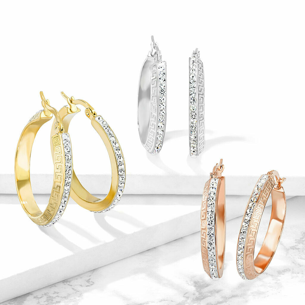 PAIR of Maze Hoop w/ Crystal Gem Paved Outer Rim Earrings 20g Stainless Steel