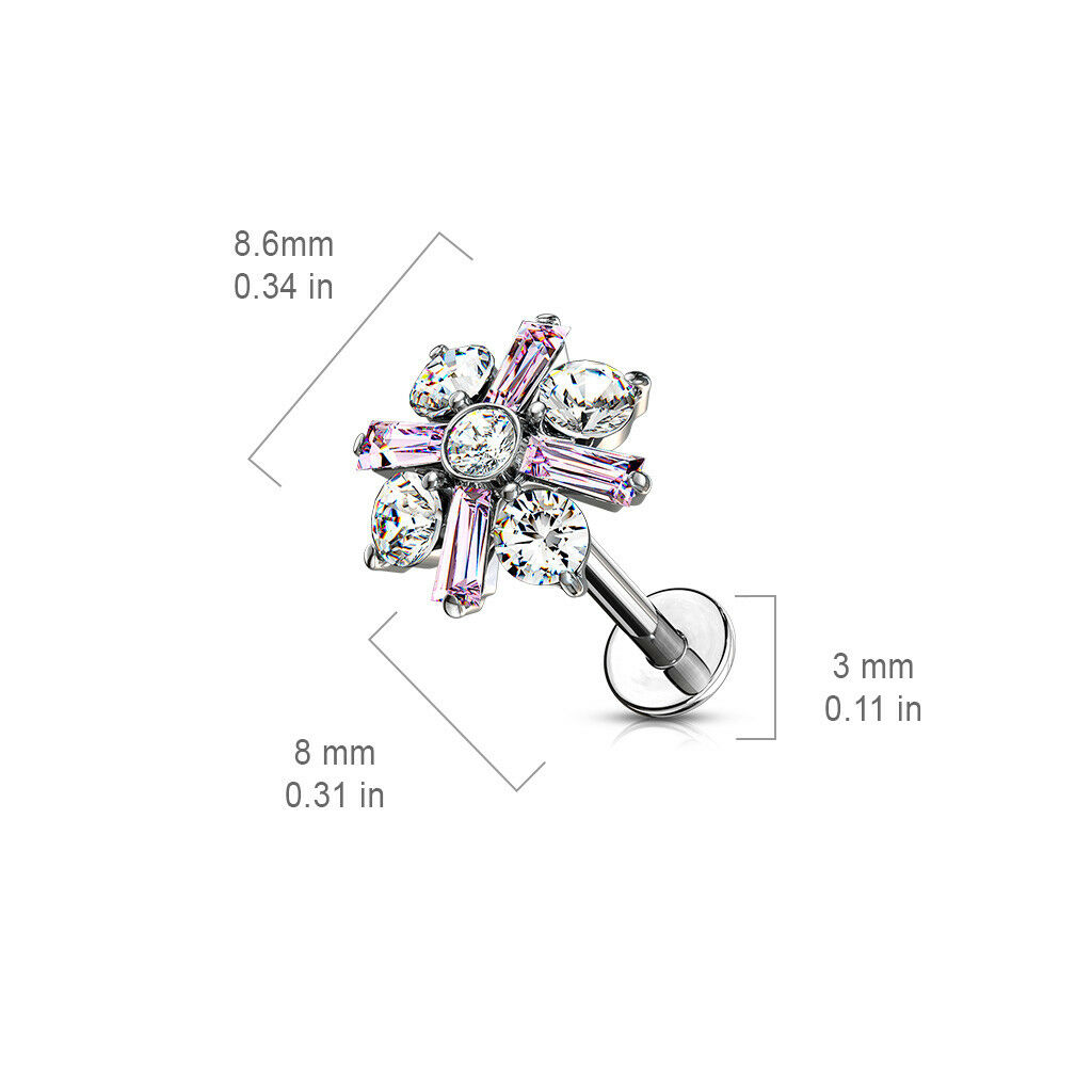 1pc Baguette & Round Crystals Labret 16g Internally Threaded Steel Helix Tragus