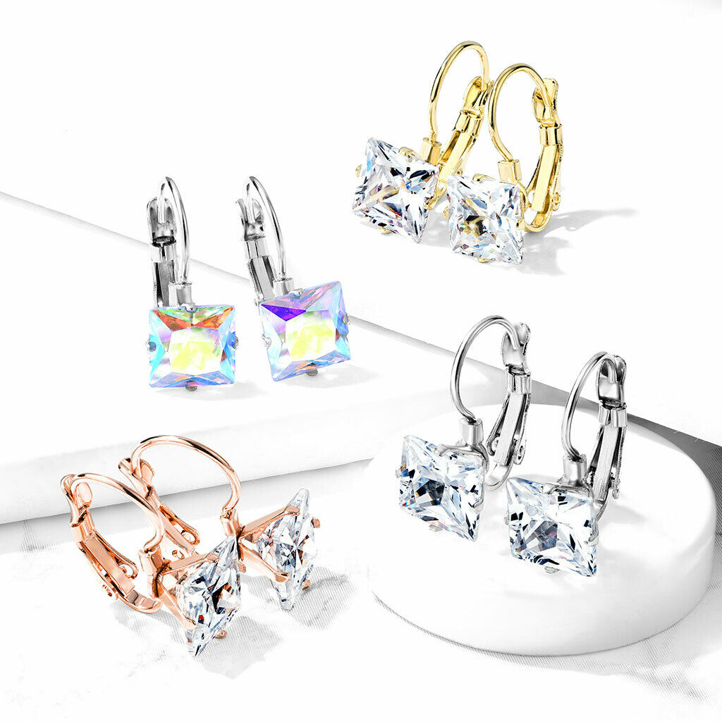 PAIR of Square CZ Gem Earrings w/ Lever Back 20g 316L Stainless Steel