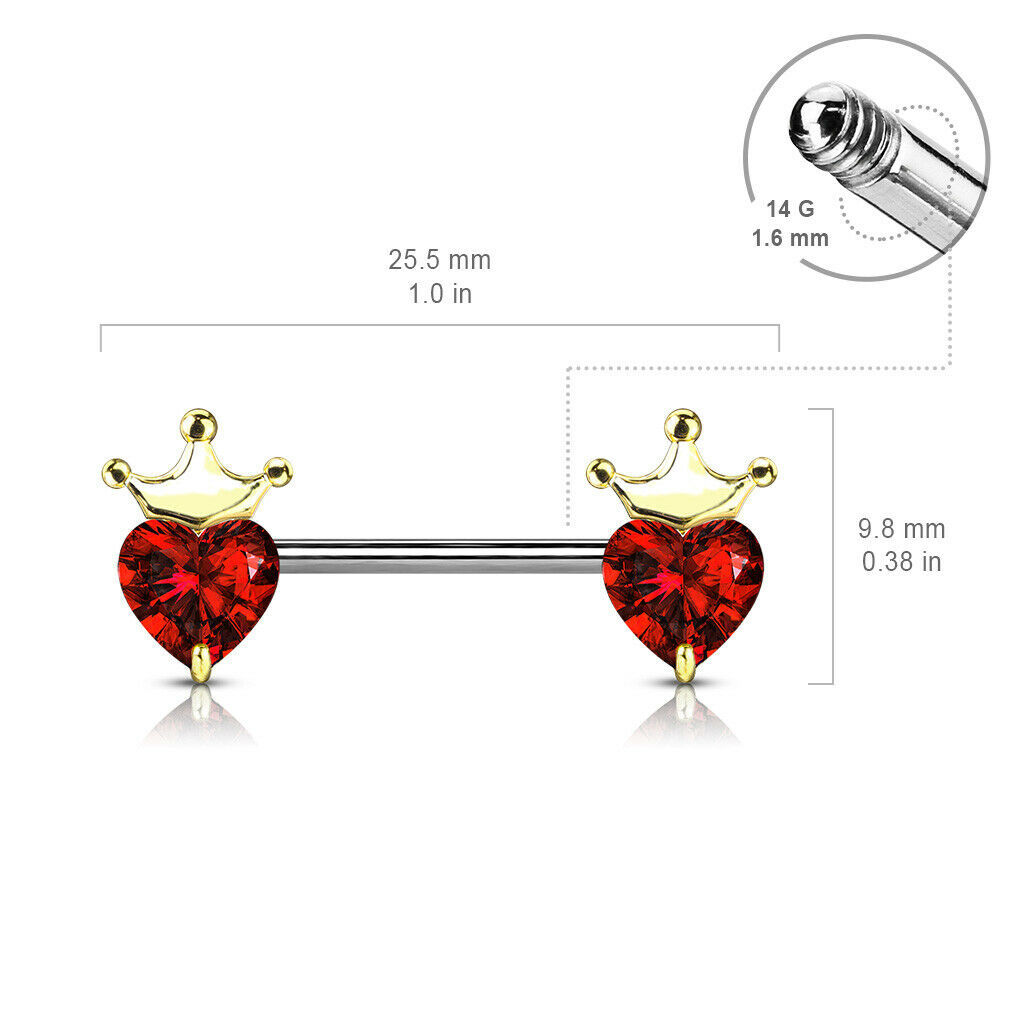 PAIR Heart Crystal Gems w/ Crown Nipple Rings Shields Steel Barbells