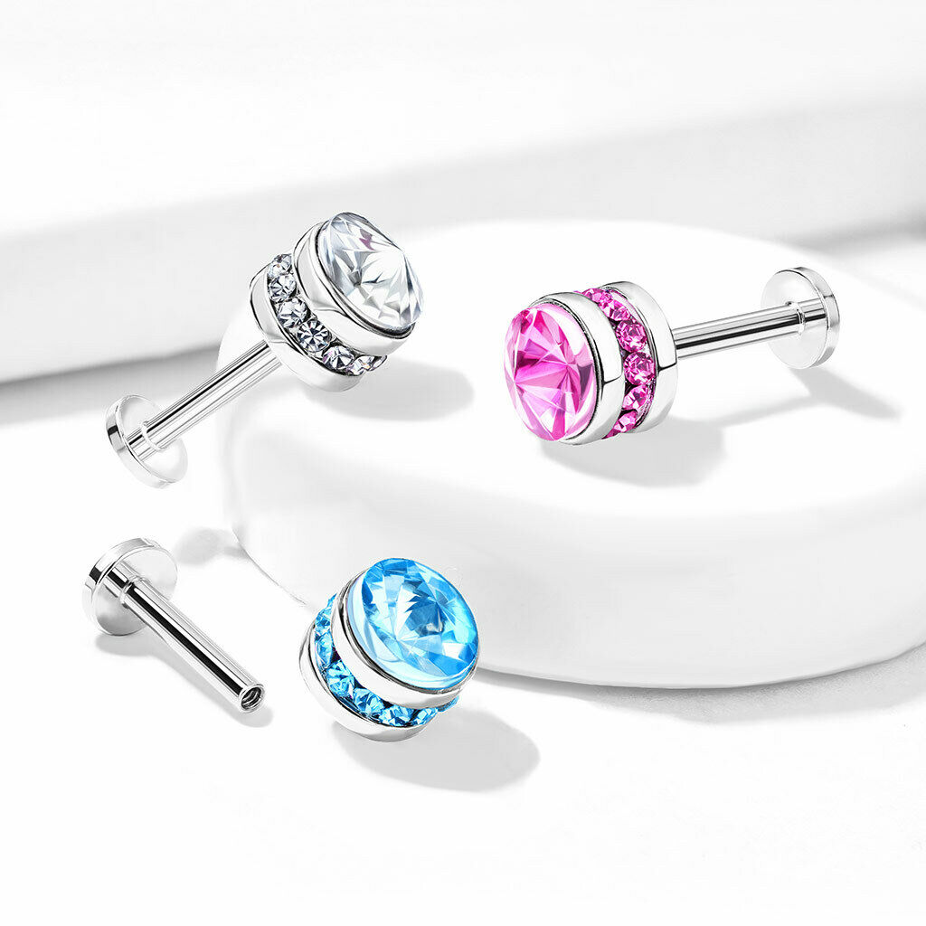 1pc Cystal Paved Side Gem Cylinder 16g Labret Internally Threaded Helix Tragus