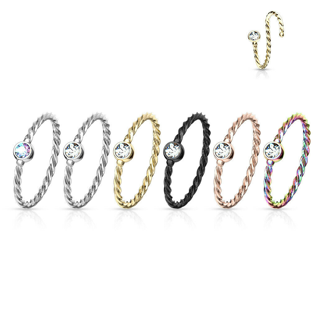 1pc Bendable Steel Twisted Rope Gem Nose Hoop Cartilage Ring Rook Daith Helix