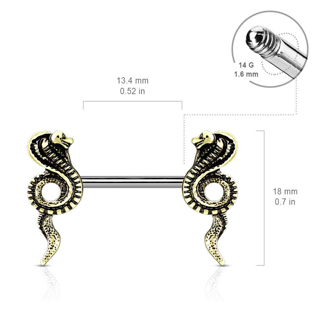 PAIR Antique Gold or Silver Cobra Snake Nipple Rings Shields Steel Barbells