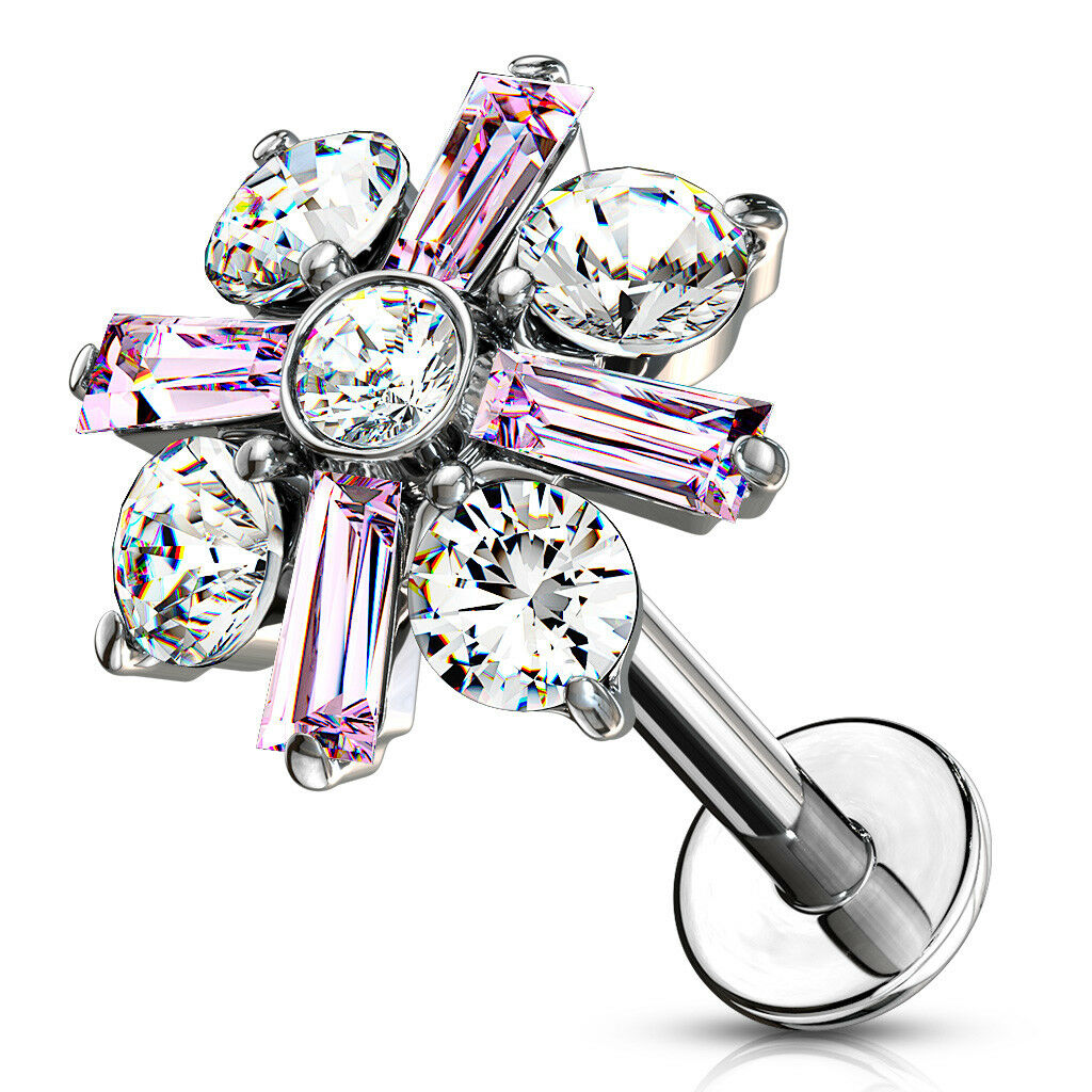 1pc Baguette & Round Crystals Labret 16g Internally Threaded Steel Helix Tragus