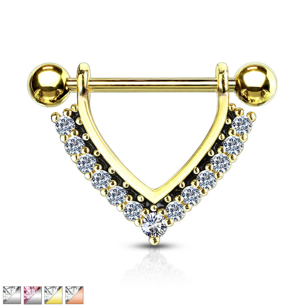 PAIR CZ Gem Paved Black Enamel Dangle Nipple Shields Rings Steel Barbells