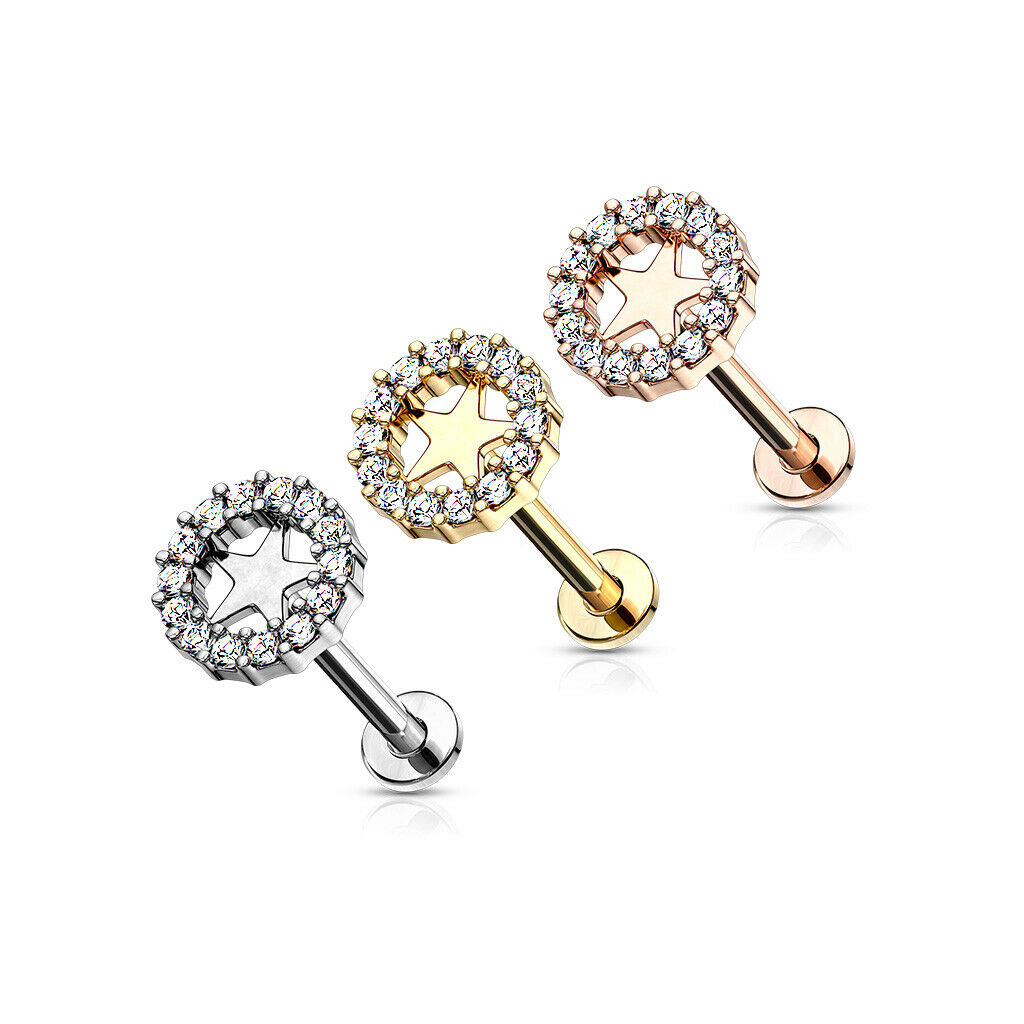 1pc Gem Circle Star 16g Labret Internally Threaded Steel Monroe Tragus Helix
