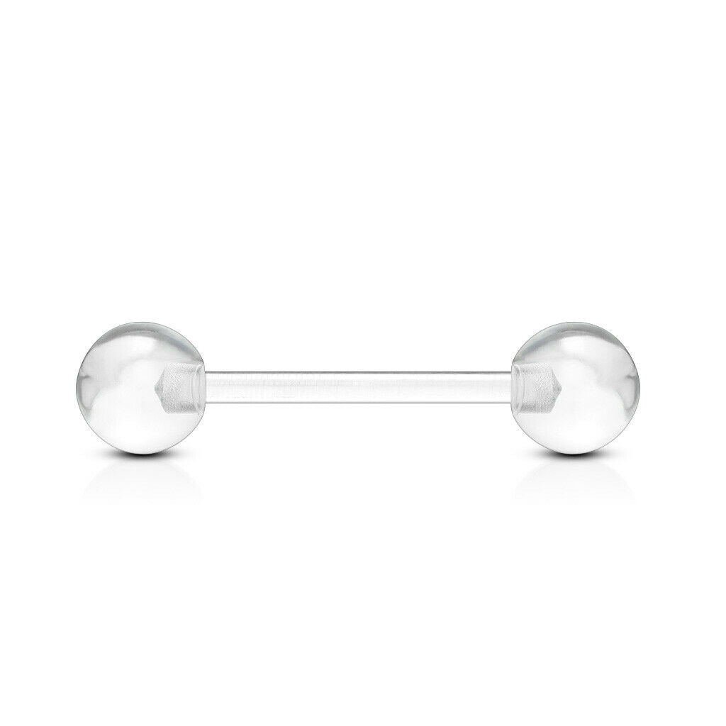 PAIR Flexible Barbell Nipple or Tongue Rings PTFE Transparent Balls NO METAL