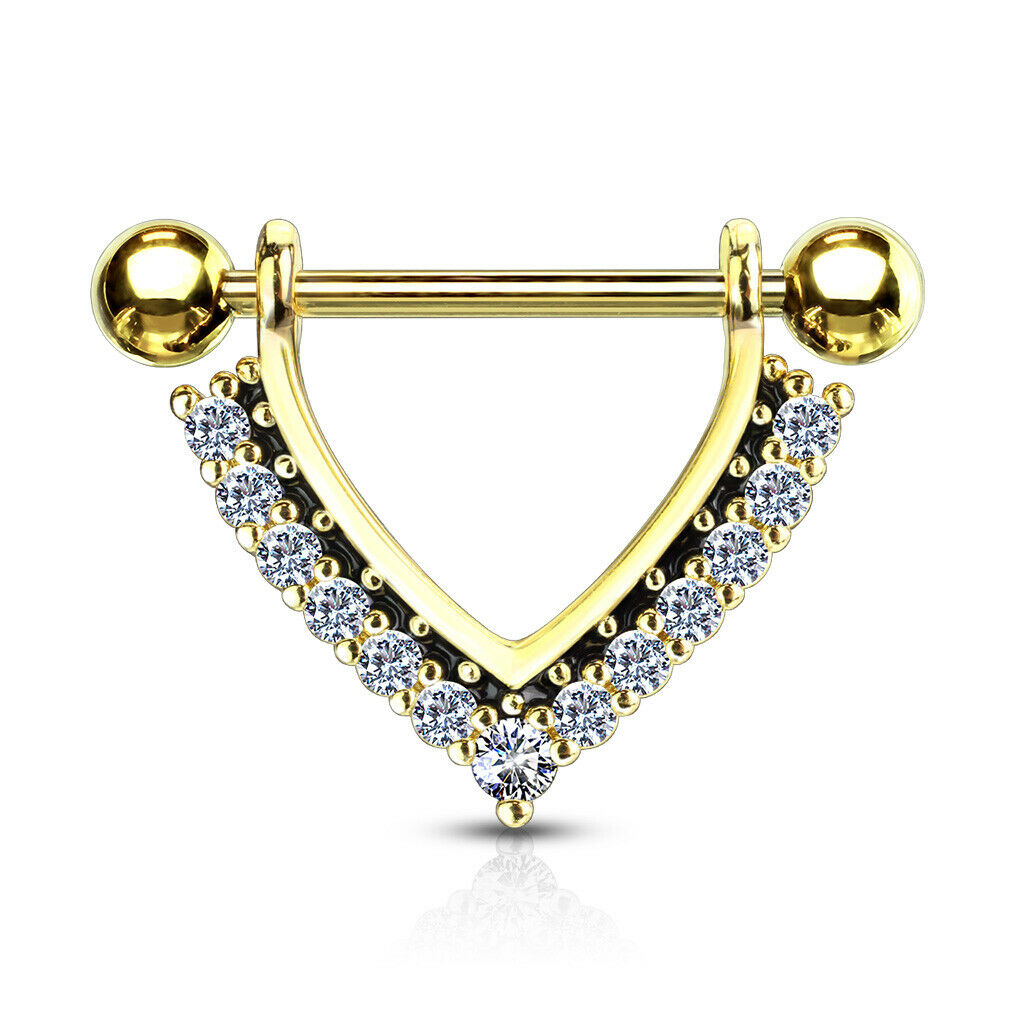 PAIR CZ Gem Paved Black Enamel Dangle Nipple Shields Rings Steel Barbells