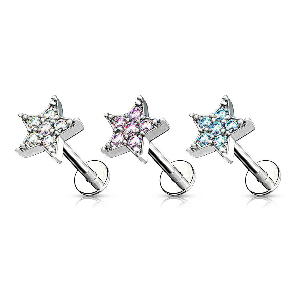 1pc CZ Paved Star 16g Labret Monroe Internally Threaded Steel Helix Tragus
